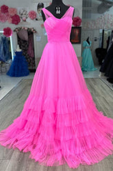 Kristin | A Line Strapless Tulle Hot Pink Corset Prom Dress Ruffles - Hot Pink - PromDressClub